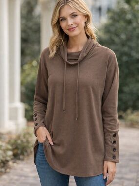 Brown knit tunic style top with oversized neck and drawstring!